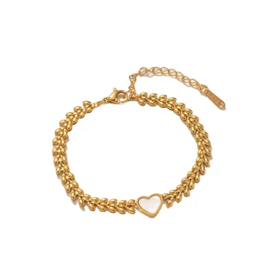 Custom Stainless Steel Double Heart Bracelet Shell Elastic Silver Pearl Bracelet for Ladies