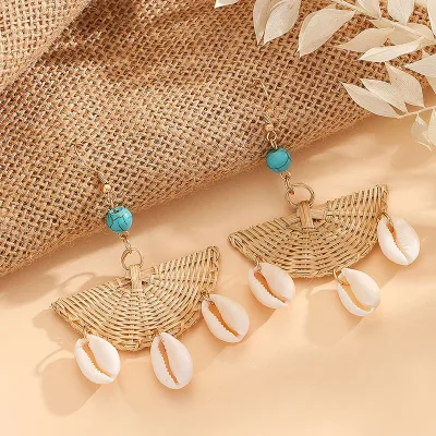 Handmade Gold Plated Rattan Shell Drop Earrings Cowrie Shell Chandelier Statement Dangle Studs Straw Wicker Braid Woven Judaism