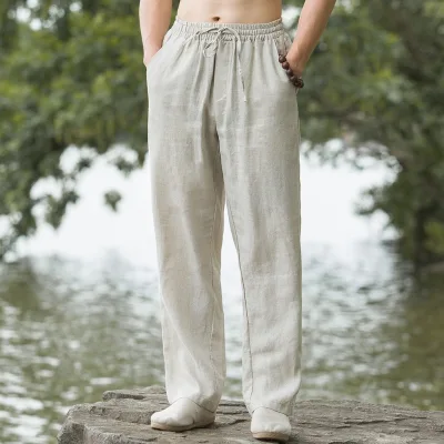 Men's Casual Linen Pants Elastic Waist Drawstring Yoga Beach Pants Lightweight Loose Fit Trousers with Pockets