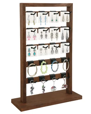 20-Hook Wooden Jewelry Display Stand 20-Earring Cards 5-Tier Organizer Necklaces Bracelets Brown Decorative Storage Box