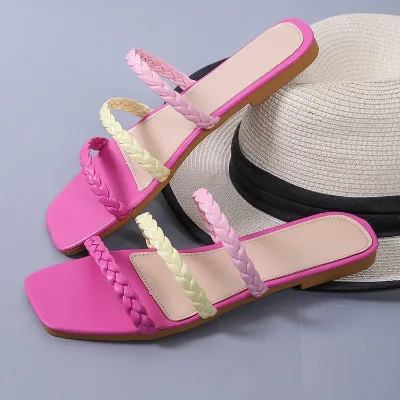 2024 Summer European American Square Head Flat Woven Hollow Beach Sandals Women Foreign Trade Plus Size Color Matching Outer