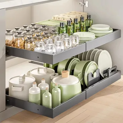 Adjustable Pull-Out Storage Box Cabinet Organizer for Kitchen and Bedroom Expandable Spice Rack with Slides Out Drawers