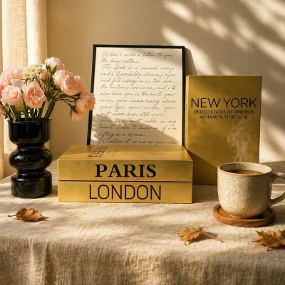 Aesthetic Golden Decorative Book Box Minimalist Black Print Faux Book Ins Photo Prop for Light Luxury Interior Decor