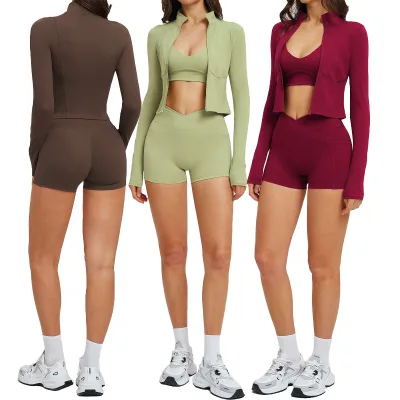 Wholesale Latest Style Women Zip up Push up V Shape Shorts Halter Bra High Quality New 3 Pieces Fitness Yoga Set for Women