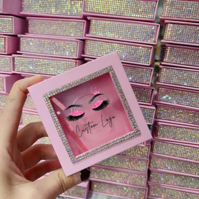 Empty Rhinestone Eyelash Box Packaging Case with Tray Pink Lash Boxes with Diamond Eye Lashes Boxes