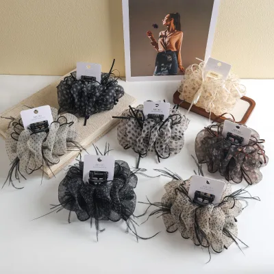 MUJU D425 Plastic Fabric Hair Claw Clips 13cm Sheer Organza Polka Dot Feather Ruffle Jaw Clips Daily Use 7 Styles Custom Logo