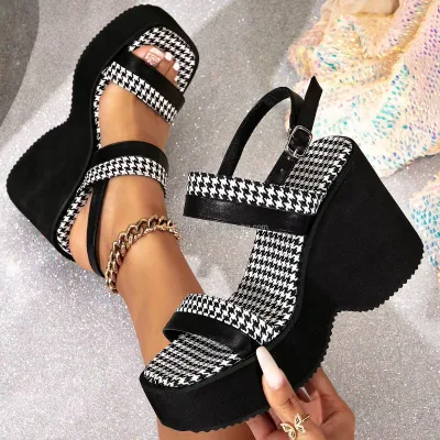 High Quality Fashionable Black White Chessboard Pattern Square Toe Wedge Sandals EVA Customizable Ankle Strap Heel Sandals
