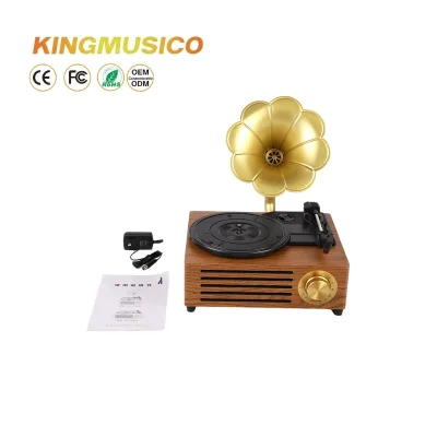 Elegant Antique-Inspired Modern Gramophone - Wooden Brass Horn Record Player with Decorative Flair Antique Modern Style