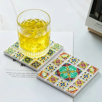 Sell Well New Arrival New Type 3D Embossed Printed Custom Wedding Bohemian Style Heat Resistant Square Luxury Ceramic Coasters