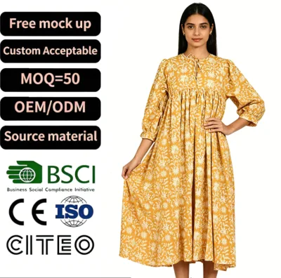 Boho Floral Print Midi Dress for Women, Crew Tie-Neck 3/4 Puff Sleeve Loose Casual Cotton A-Line Long Dress Daily Holiday Wear
