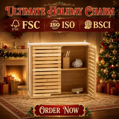 Formaldehyde-free Natural Bamboo Bathroom Cabinet Healthy Storage Furniture with Louvered Doors FSC Certified for Home