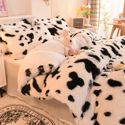Ultra Soft Long Plush Fur Fluffy Velvet Bedding 4 Pieces King Size Warm Wave Point Duvet Cover Set