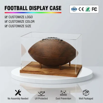 Customized Football Display Case Full Size, Acrylic Clear Box with Wood Stand, UV Protected Memorabilia Holder, for Football Fan