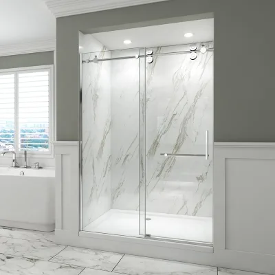 Wholesale Project Bathroom Shower Glass Frameless Sliding Door 4 Brass Rollers EX-824