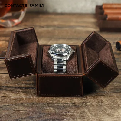 Vintage Coffee Crazy Horse Leather Watch Box Double Side Open Magnetic Snap Portable Travel Wristwatch Storage Case
