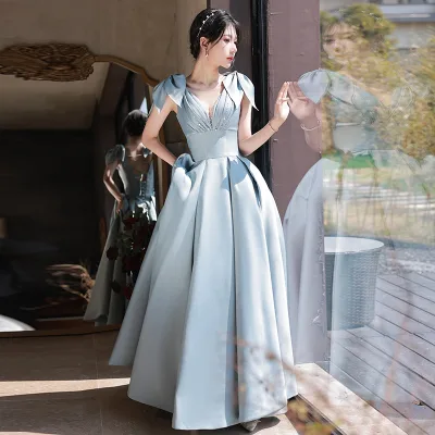 Blue Satin A-Line French Backless Banquet Temperament Pearl Formal Birthday Party Gown Wedding Evening Dresses