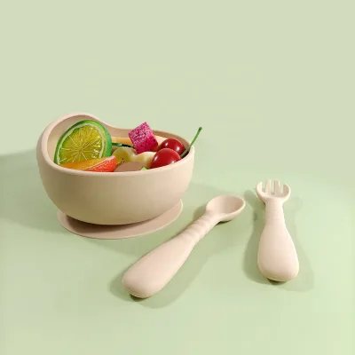BPA Free Baby Feeding Tableware Set Silicone Snail Bowl with Long Handle Silicone Spoon Fork Kit
