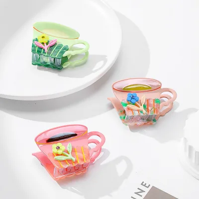 New Design Acetate Hair Claw Lovely Flower Teacup Girl Hair Clip Exquisite and Elegant Hair Claw Clip