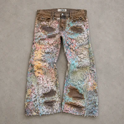 DiZNEW Premium Heavyweight Mud Washed Denim Jeans Men Rainbow Floral Lace Overlay Baggy Wide Leg Pants Custom Logo OEM Factory