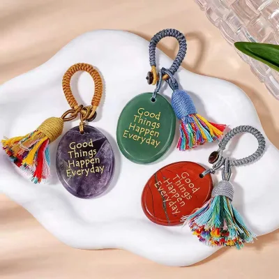 Natural Crystal Palm Stone Keychain Creative Feng Shui Bag & Car Hanging Ornament Engraved Mindfulness Stone Pendant