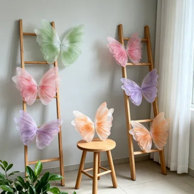 New Iridescent Chiffon Artificial Silk Butterflies Mesh Netting Floral Art Detachable Window Venue Display Props Internet-Famous