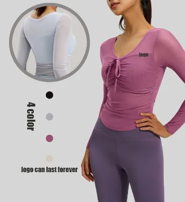 Mesh Patchwork Fixed Cup Light Long Sleeve Sport Top Drawstring Ruched Crop Top Breathable Sports Top v Neck Sports Top
