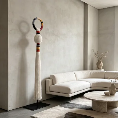 Factory Direct Color Block Long Tassel Cotton Rope Macrame Floor Sculpture for Luxury Villa Living Room