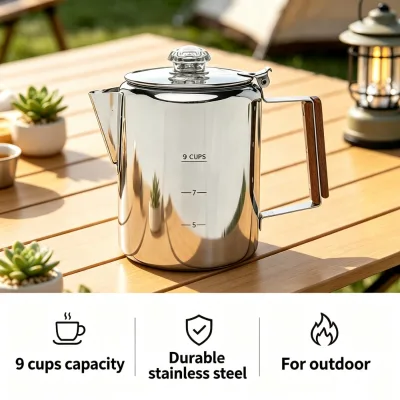 9 Cups Coffee Percolator 304 Stainless Steel Stovetop Coffee Pot with Heat-Resistant Wooden Handle & Glass Knob