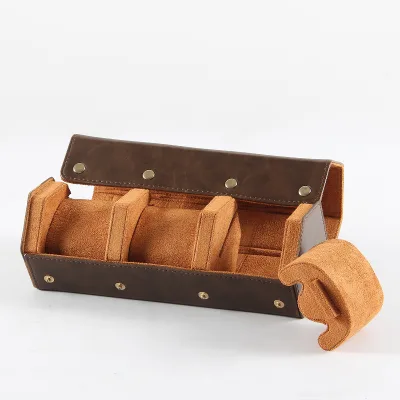 H.X. Rectangle Roll Other Material Watch Box 3 Slots Multifunction Watch Roll Travel Vintage HX-2030-BRW