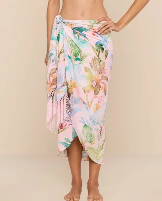 Palm Printed One Piece Beach Skirt Fringe Tassels Side Tied Straps Cover up Dress Women's Sarong