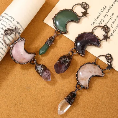 Natural Crystal Vintage Style Moon Star Pendant Antique Bronze Necklace Handmade Crystal Drop for DIY
