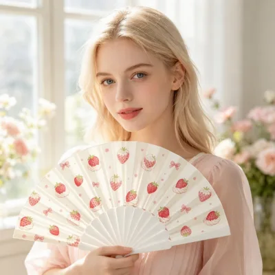 BSBH Strawberry Plastic Wedding Fan Satin Plastic Handle Folding Handheld 23cm for Engagement Bridal Shower Decor