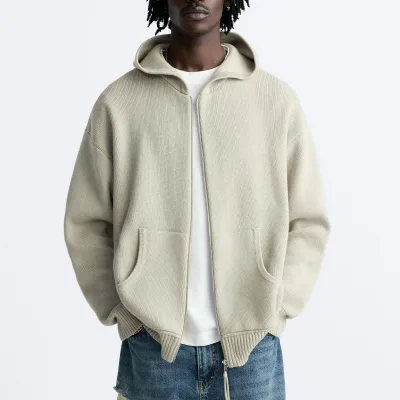 Wholesale Custom Logo Print Men's Winter Long Sleeve Pockets Zip-Up Knit Hoodie 100% Cotton Fleece Ribbed Trims Cardigan Hood