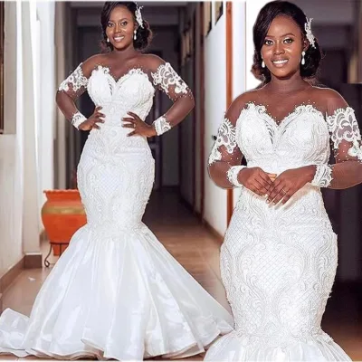 New African Wedding Dress Slim Mermaid Skin Tone Mesh Vintage Lace Bridal Dress