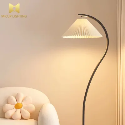 Wabi Sabi Tall Wooden White Floor Lamp with Pleated Skirt Shaped Lampshade and Coffee Table Function for Living Room and Bedroom