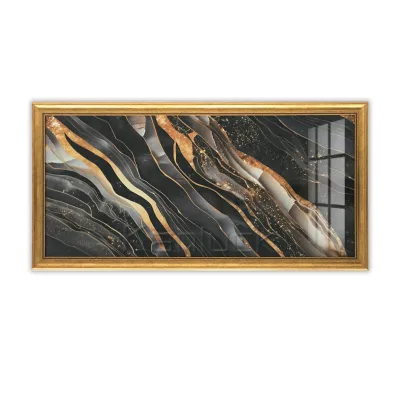 Black Fluid Painting Canvas Art With Vintage Frame Gold Foil With Lacquer Wall Art Print for Home Decor
