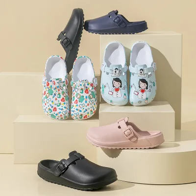 Women's Cartoon Nurse Print Clogs, Lightweight Non Slip EVA Garden Shoes, Outdoor Beach Slide Sandals