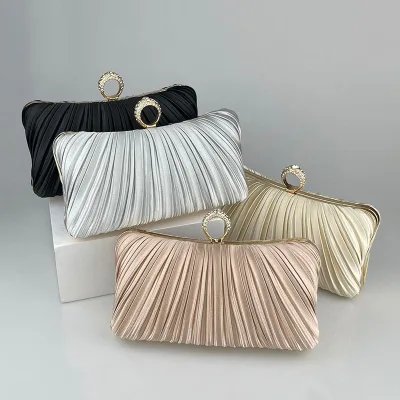 New Satin Pleated Evening Bag with Rhinestone Ring Head Wrinkle Pattern Clutch for Party Wedding or Bridal Use