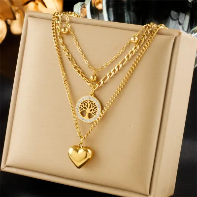 Vintage Style Stainless Steel Multi-Layer Link Pendant Necklace Simple Retro Niche Fashion Heart Shape Love Plate Life Tree