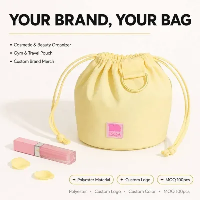 Custom Logo Lemon Yellow Polyester Round Drawstring Bucket Bag Luxury Waterproof Cosmetic Skincare Candle Gift Packaging Pouch