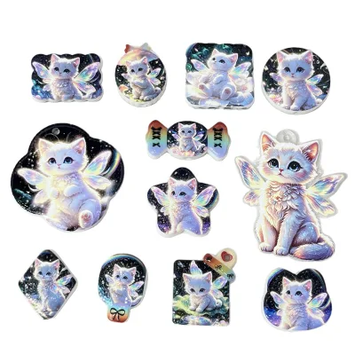 Mixed Bag Double-sided Embossed Starry Sky Elf White Kitten with Colorful Wings Beaded Charms for DIY Handmade Jewelry Making