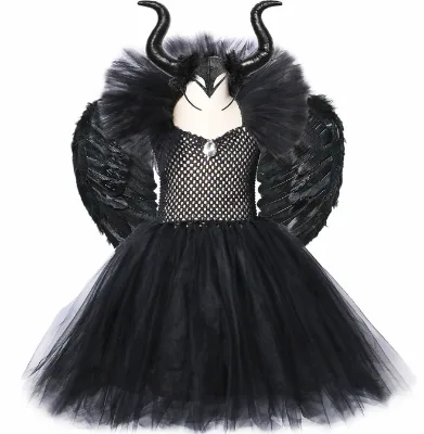 Ecoparty Girls Cosplay Halloween Dark Black Tutu Dress Kids Evil Queen Black Mesh Princess With Wings Shawl Costume