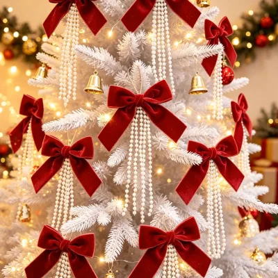 High Quality Pearl Flocked Bow Wall Christmas Tree Ornament Eco-Friendly Reusable DIY Christmas Decorations