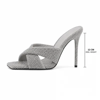 Custom Gray X Strap Mule Heels for Wide Feet Size, Larger Size, Extra Size Heels, 12cm Stiletto Wholesale OEM Women Shoes Supply