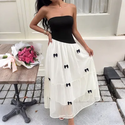 Sweet Strapless A-Line Floor-Length Formal Dress with Bow Hem Decorations Slim Fit Flowing Seamless Design Customizable Version