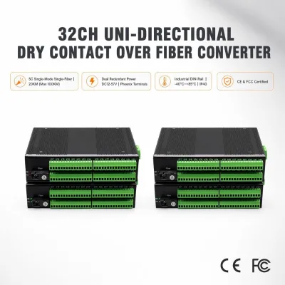 Rugged Industrial Aluminum 32 Channel Dry Contact Fiber Optic Extender for Security Alarm System Dry Relay Optical Transceiver