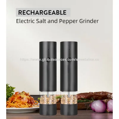 Electric pepper and salt grinder, adjustable coarseness, battery-powered, one-handed automatic operation