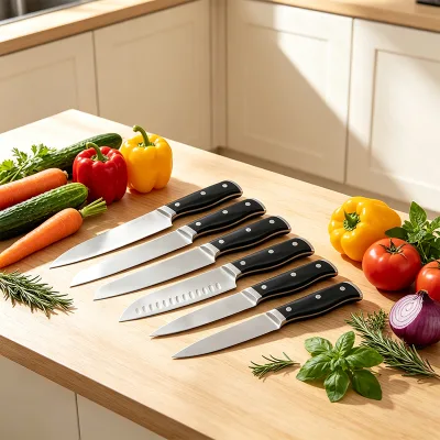 New Model Professional Multi-Function Stainless Steel 7-Piece Kitchen Knife Set Tough Sharp Black Plastic Handles for Household