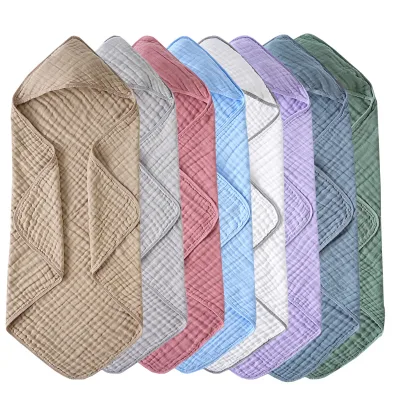 2026 Hot Sale Six-layer Hooded Solid Color Pure Cotton Children Gauze Bath Towel Swaddling Blanket Delivery Room Swaddle 90*90cm