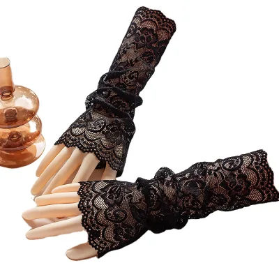 Women's Summer Driving Sun Protection Long Length Sleeves Wholesale Black White Lace Arm Covers for Spring Autumn Elbow Coverage